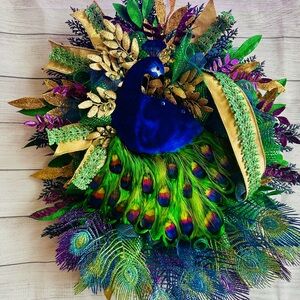 Peacock-Themed Holiday Wreath with Gold and Green Accents